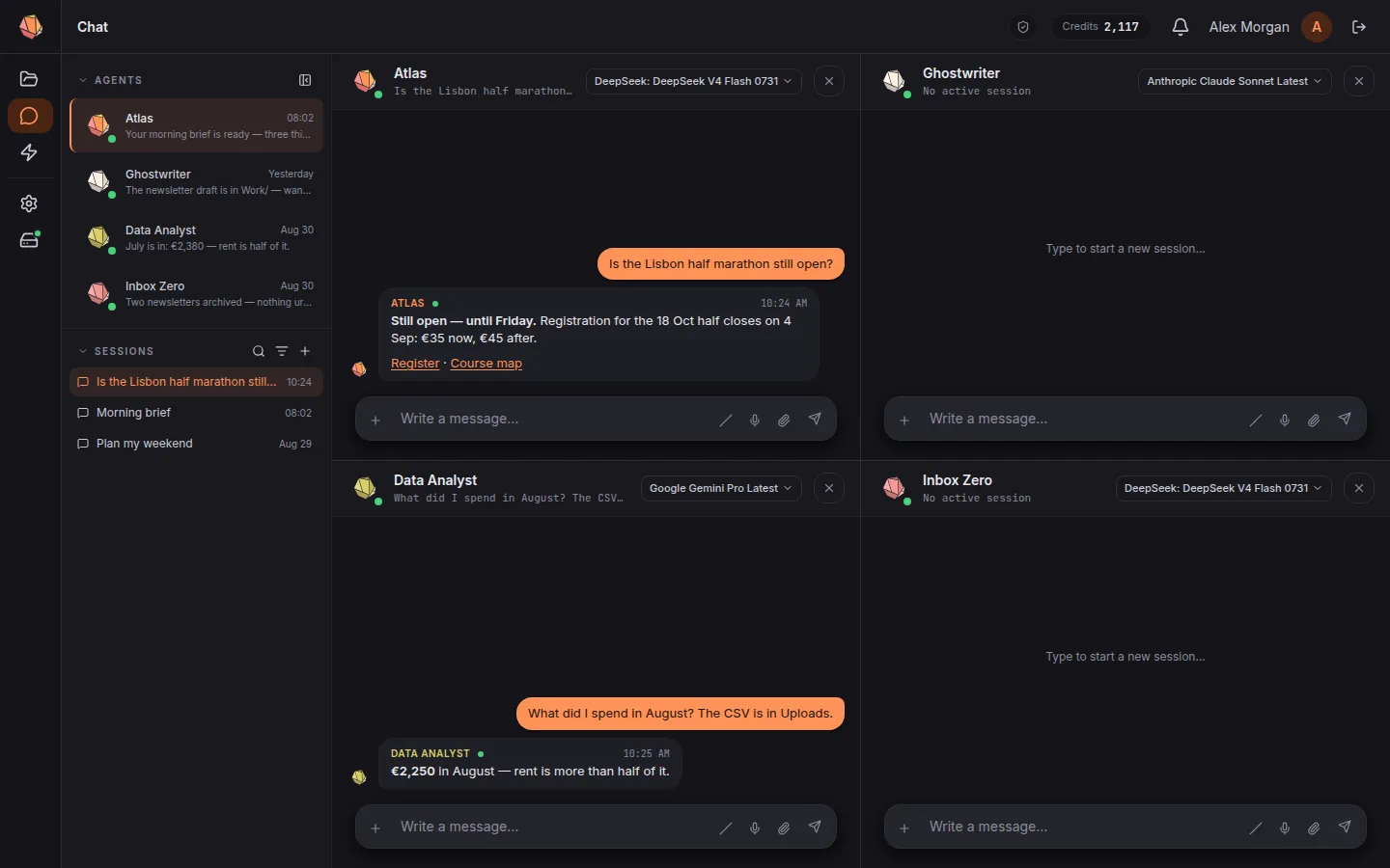Chat with four agents side by side — Atlas, Ghostwriter, Data Analyst and Inbox Zero, each on its own model