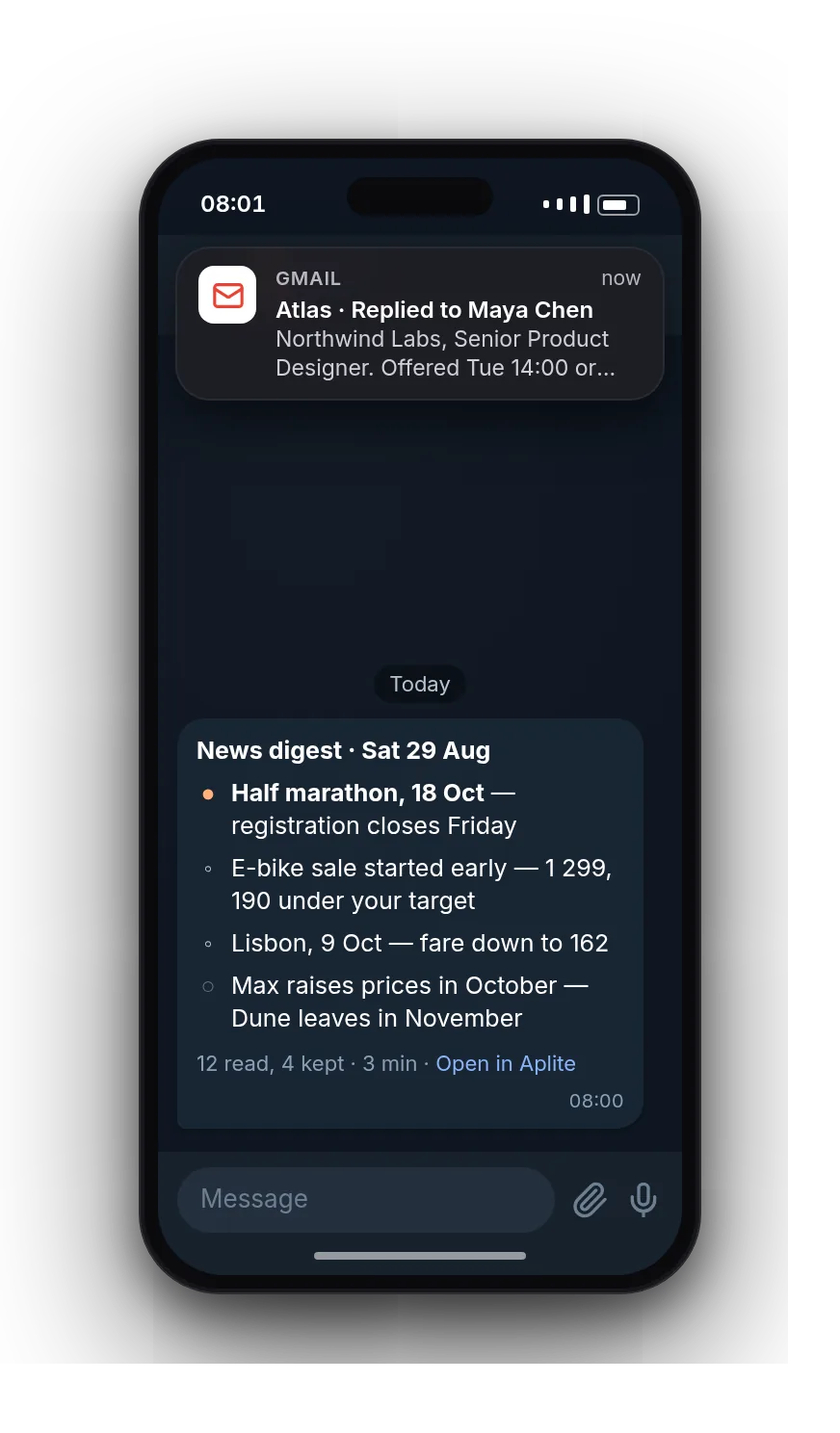 A phone: the News digest the routine sent to Telegram at 08:00, and a Gmail notification — Atlas replied to Maya Chen after your approval