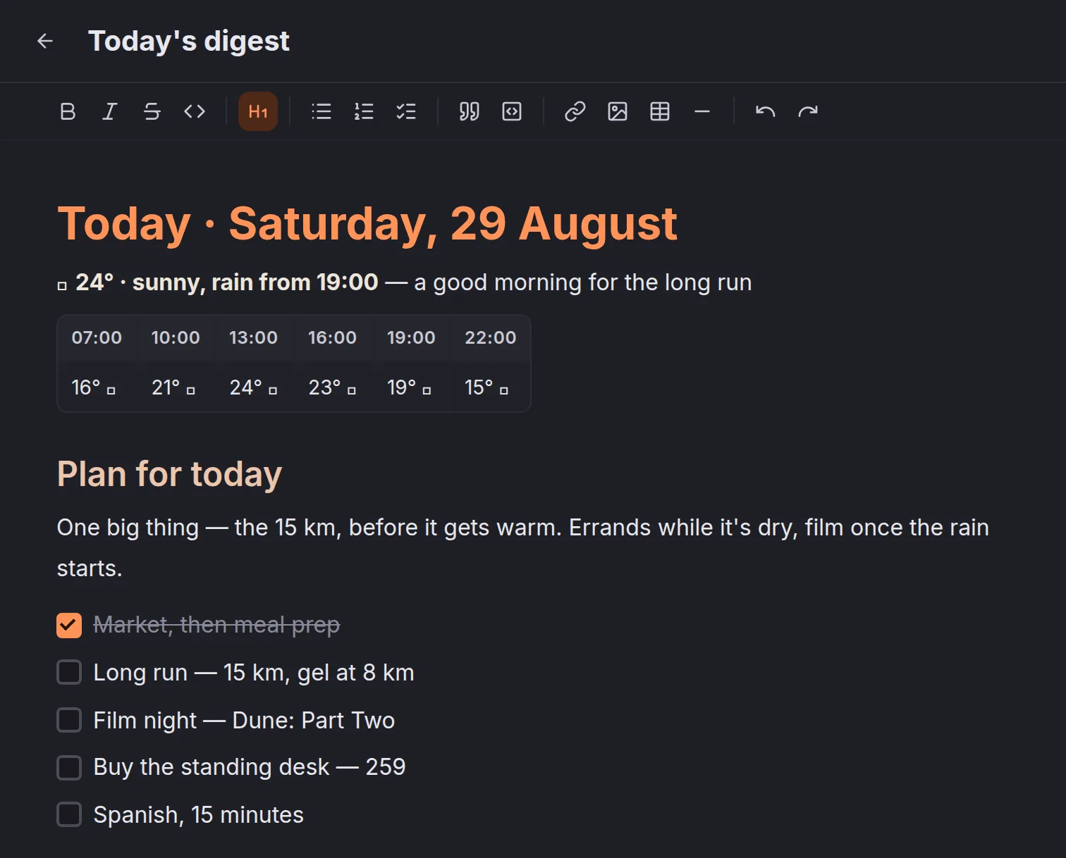 Today's digest — a note the agent wrote in the workspace: the weather line, the plan for today as a checklist, two lines just accepted