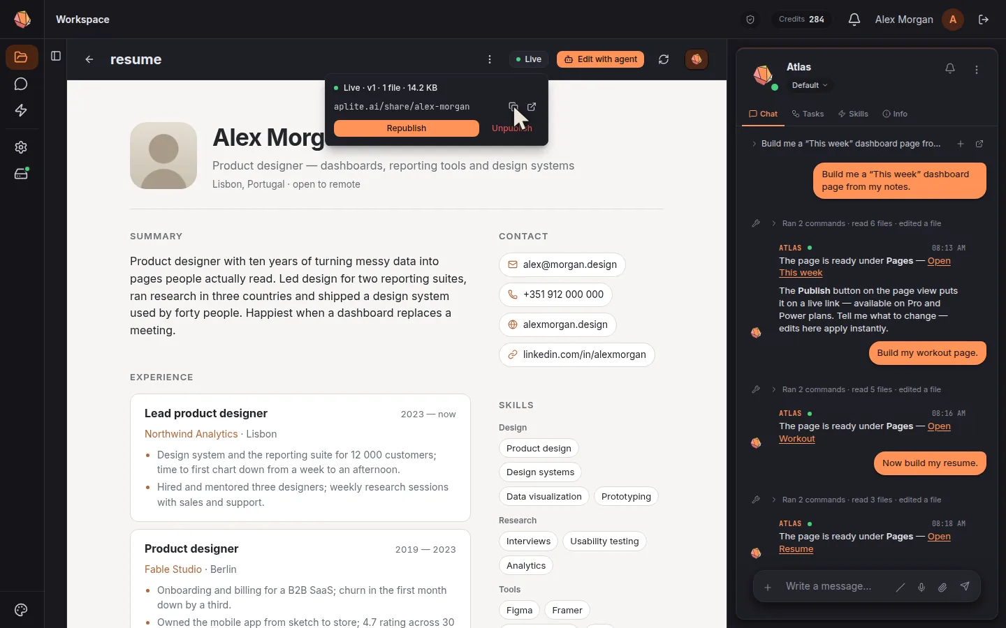 Three asks, three pages — This week, Workout, Resume — and the resume published at a public link