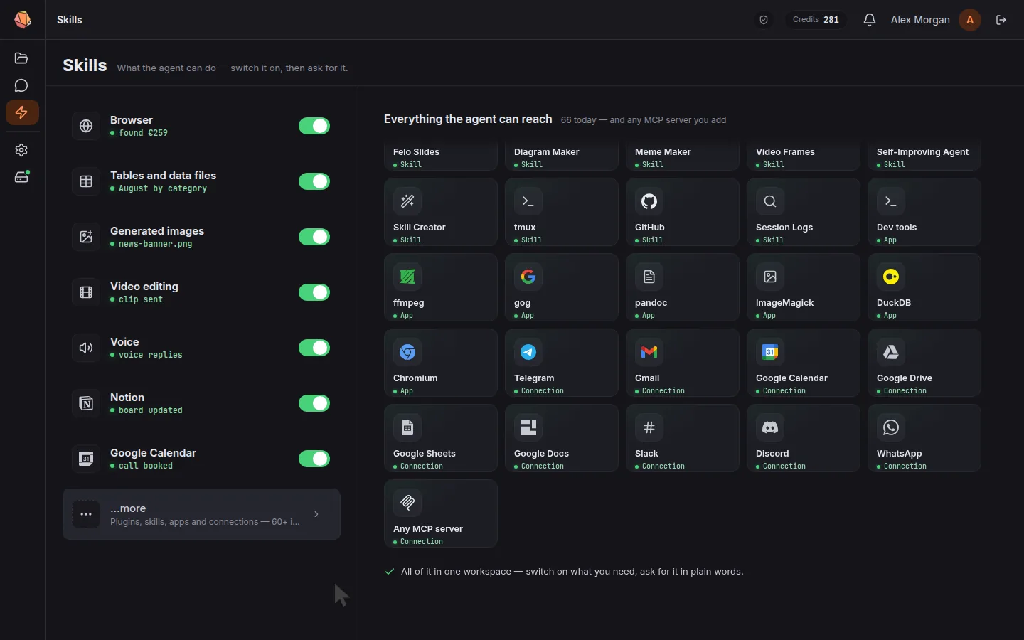 Seven abilities, one demo each — and the whole catalog behind “…more”